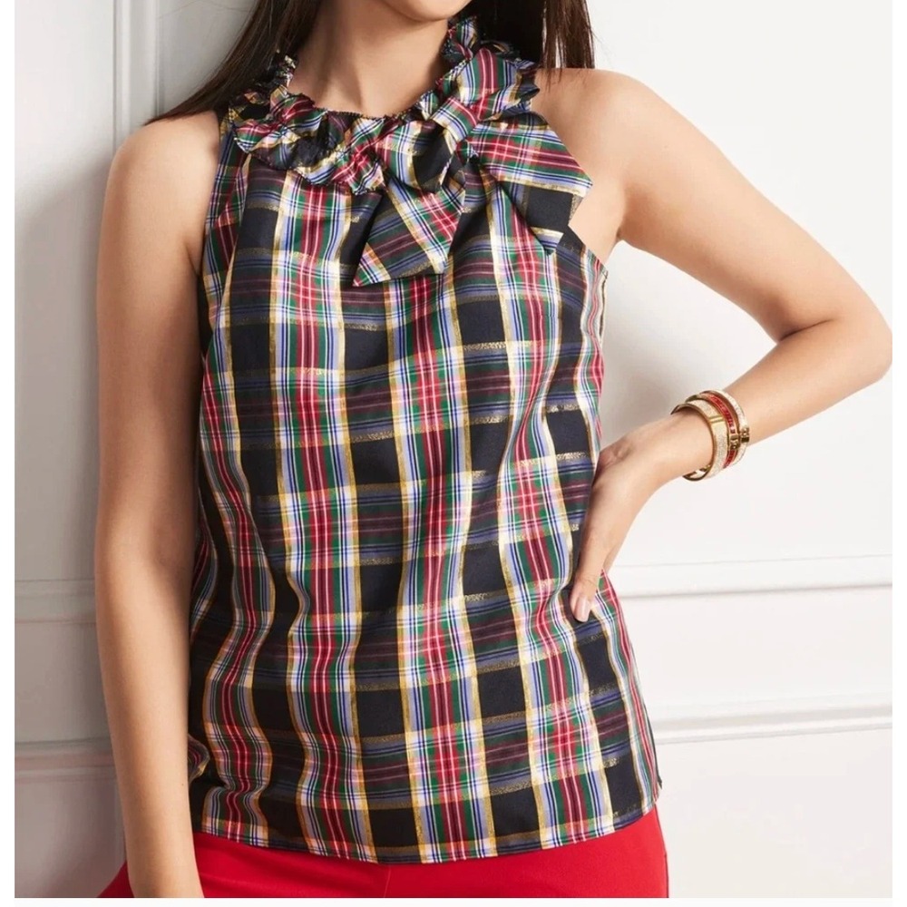 Talbots Bow Ruffle Neck Shell Celebrate‎ Plaid MP M Petite Holiday Metallic NWOT